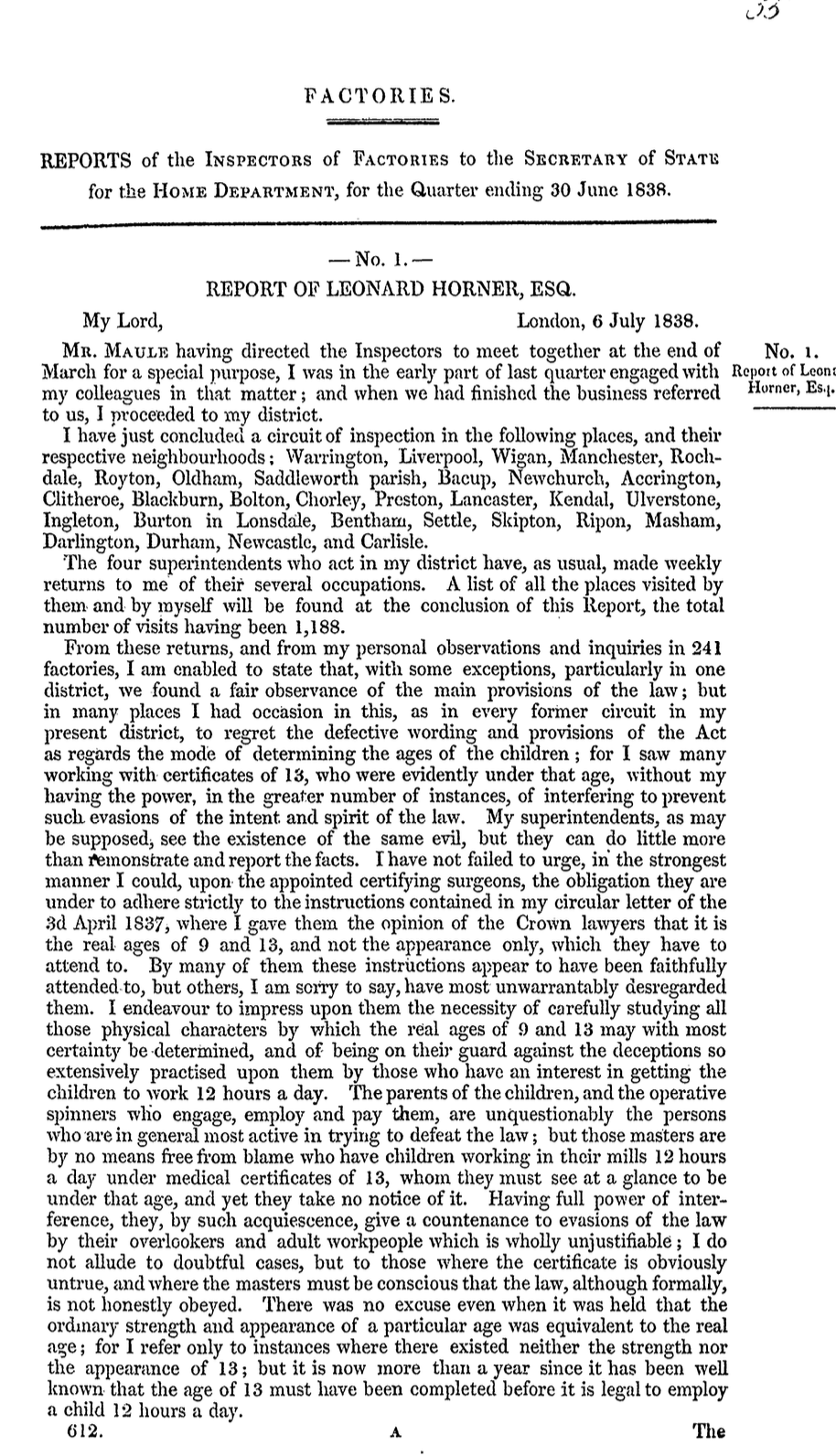 Child Labour, Factory Act Enforcement, and Mill Inspections in Britain: Reports to the Home Department, April–June 1838