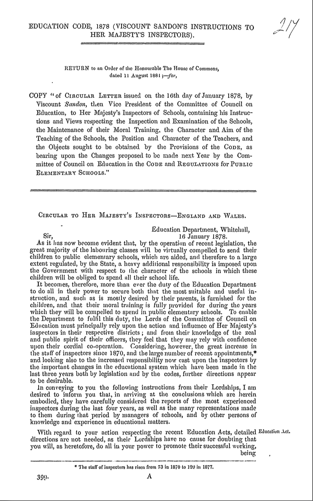 Copy of Circular Letter Issued on the 16th Day of January 1878, Containing His Instructions and Views Respecting the Inspection and Examination of the Schools