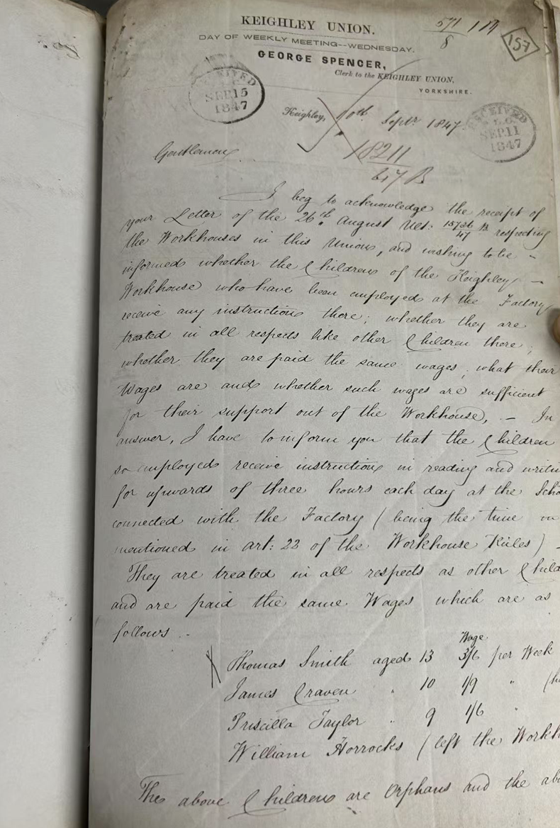 Folios 157-158. Letter from George Spencer, Clerk to the Guardians of the Keighley Poor Law Union, to the Poor Law Commission. (1847)