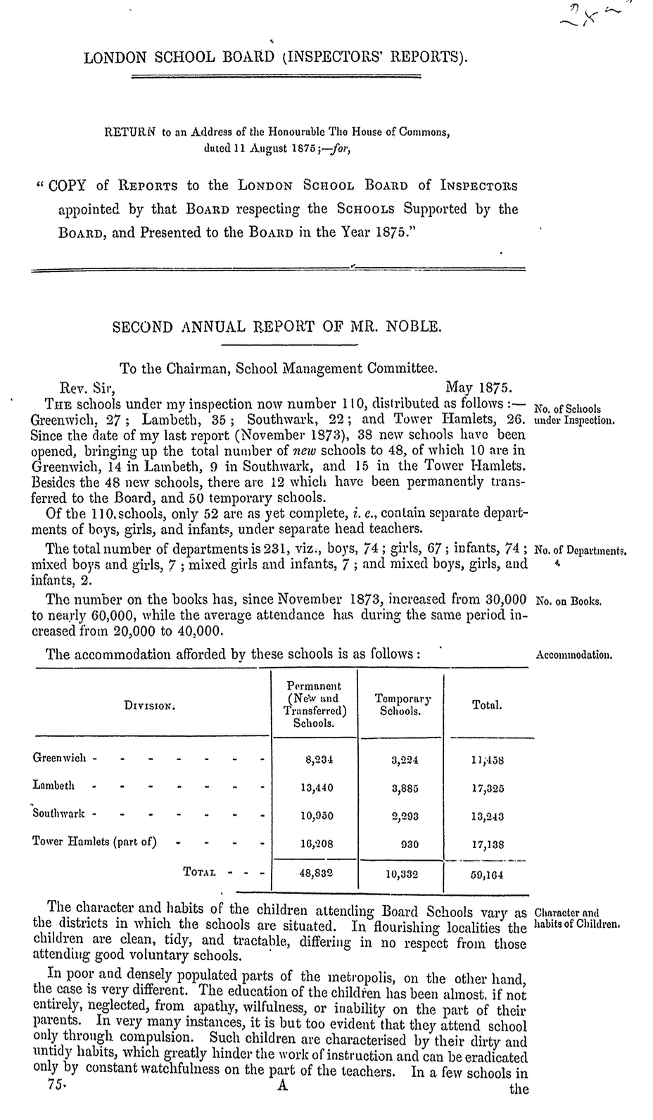London School Board (Inspectors’ Reports): Reports Respecting Schools Supported by the Board, 1875