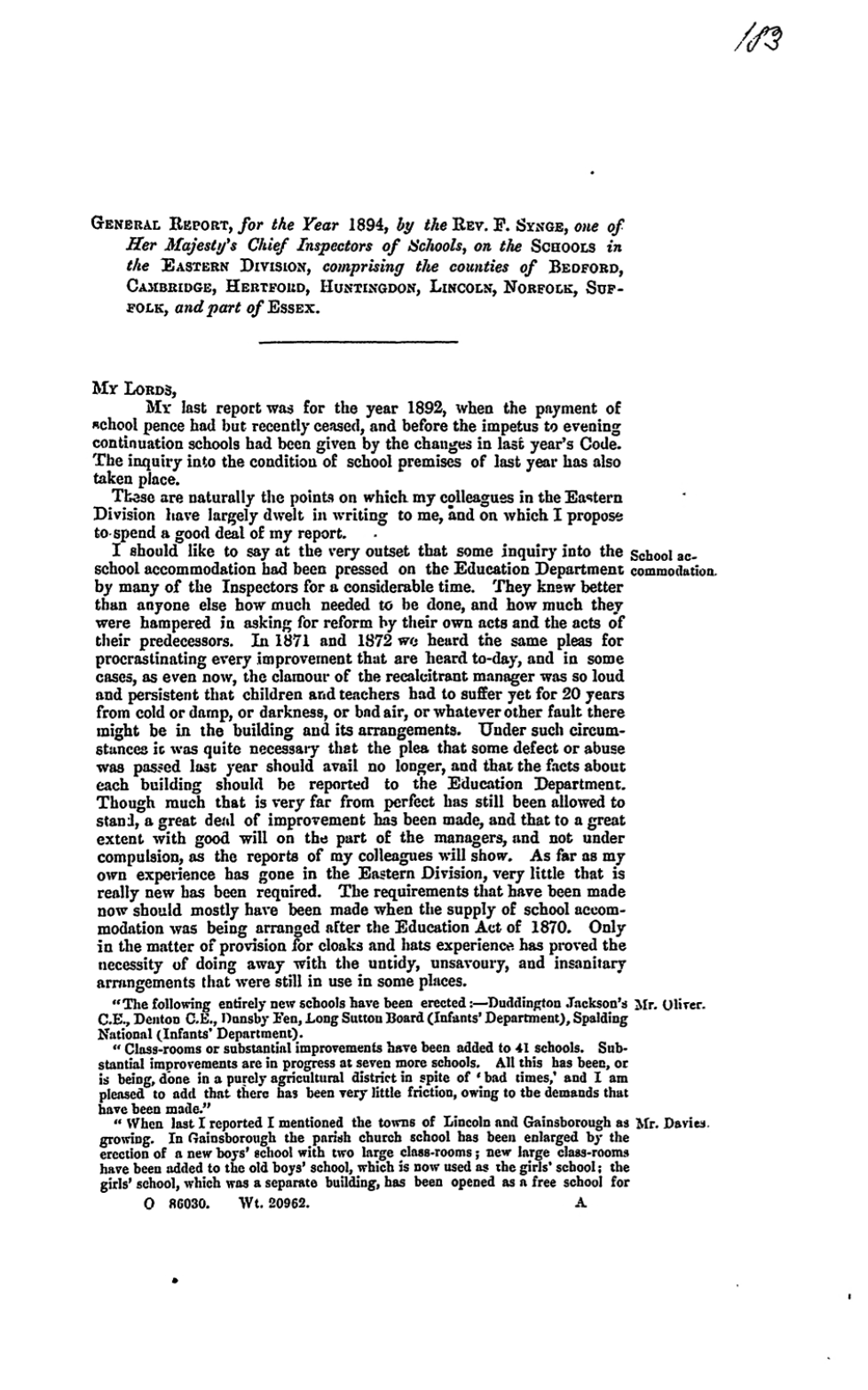 General Report for 1894 by Rev. F. Synge, Her Majesty’s Chief Inspector of Schools (Eastern Division)
