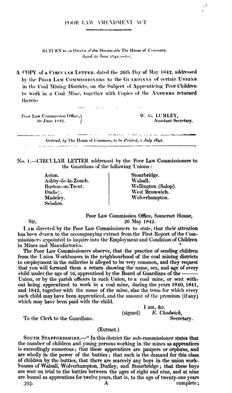 Circular letter 1842 Poor Law Commissioners’ Inquiry into the Apprenticing of Poor Children from Union Workhouses to Coal Mines