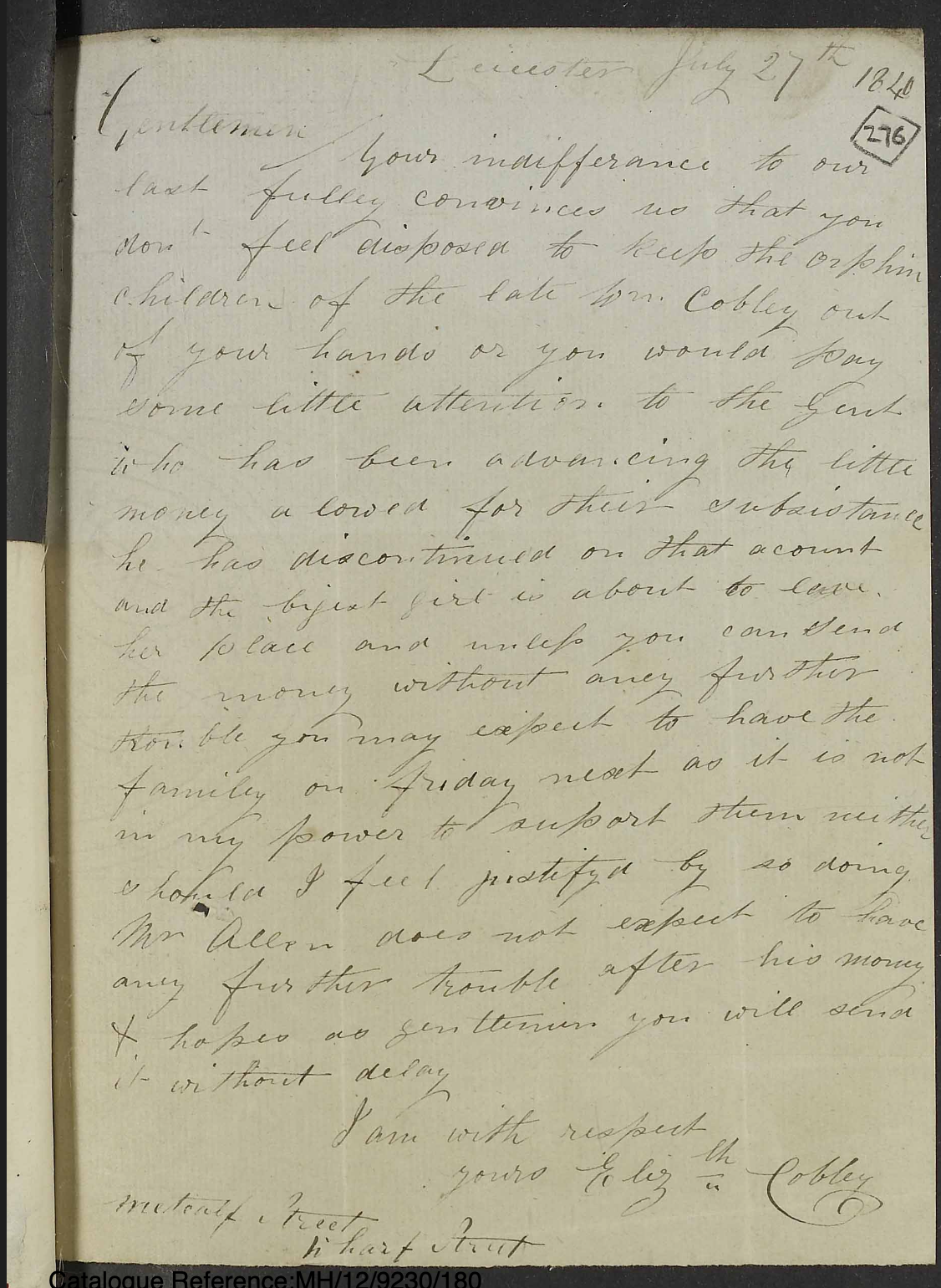 Folios 276-277. Letter from Elizabeth Cobley, Metcalfe Street, Wharf Street, Leicester to the board of guardians, Basford Poor Law Union. (1840)
