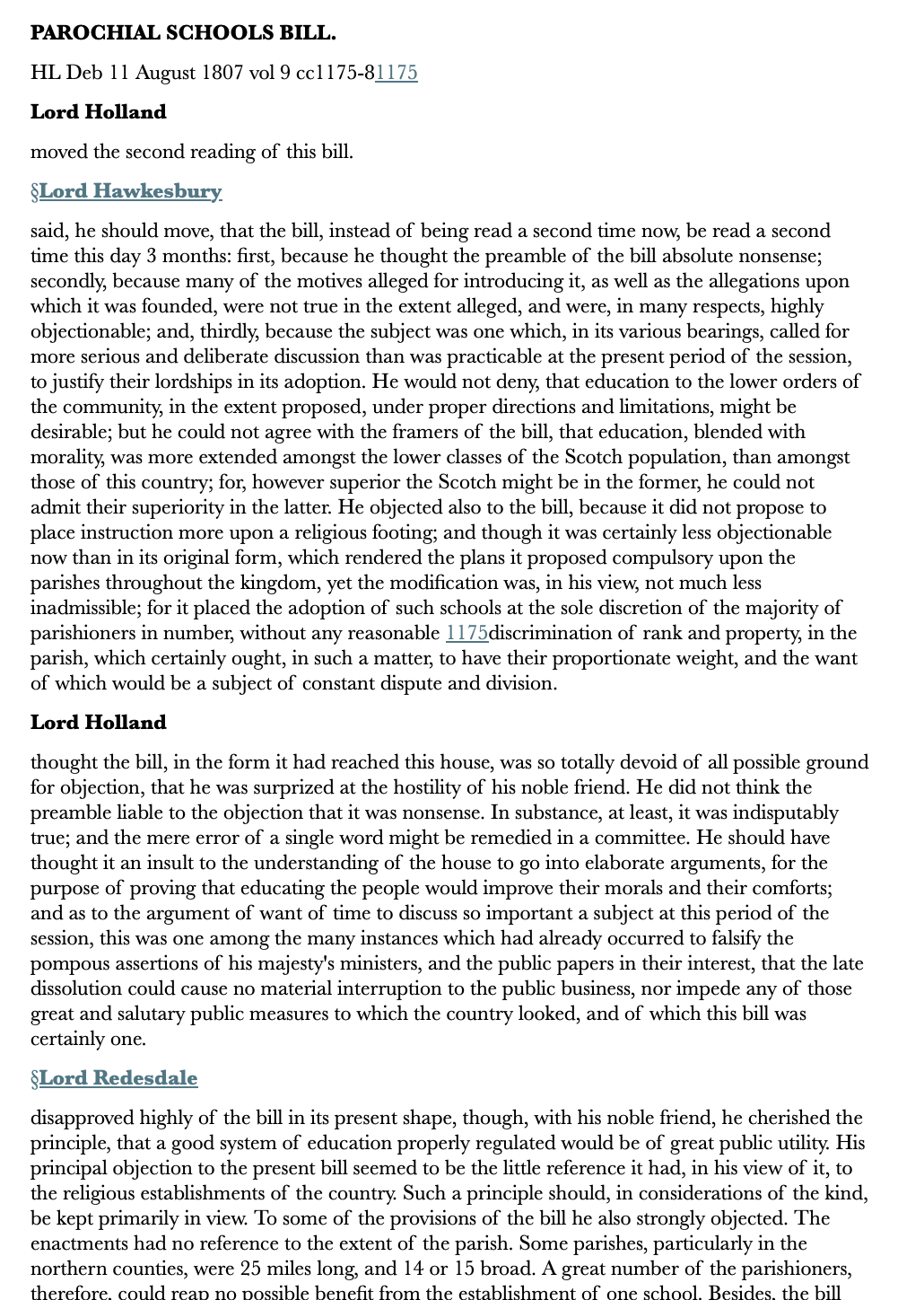 Parochial Schools Bill — 11 August 1807 — Lords