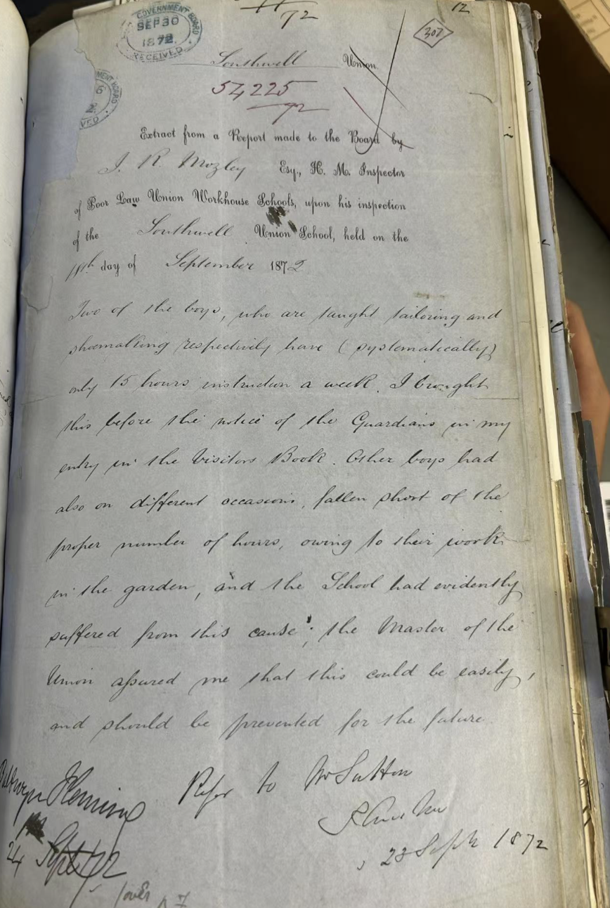 Folios 307-308. Copy of an extract from a report submitted by J R Mozley, School Inspector, to the Local Government Board, on his visit to Southwell workhouse on 18 September 1872.