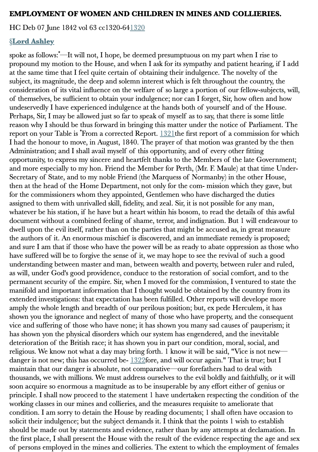 Employment of Women and Children in Mines and Collieries — 7 June 1842 — Commons