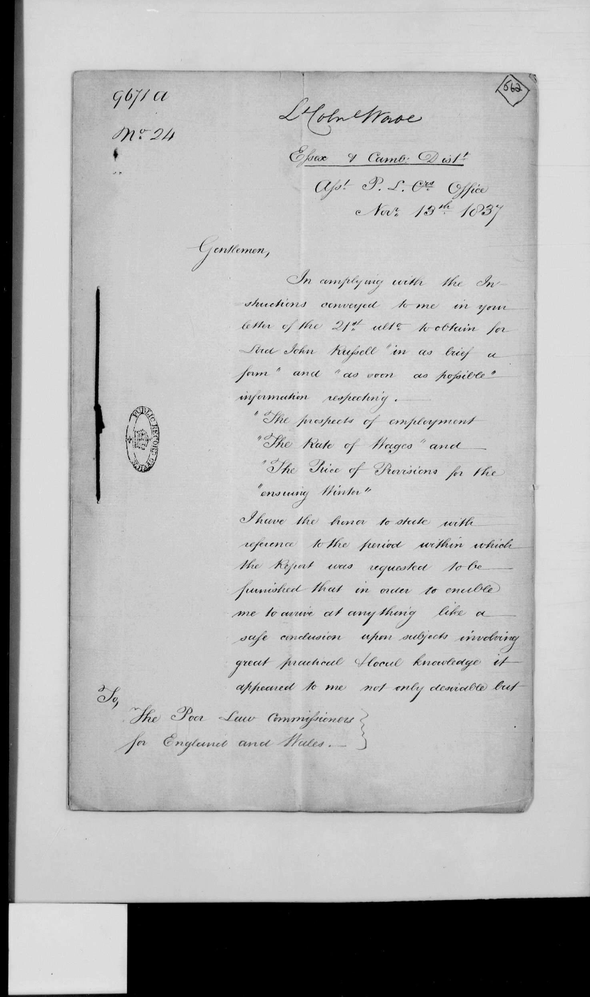 Folios 562-615. Colonel Thomas Wade, Essex and Cambridgeshire. Covering report (1837)