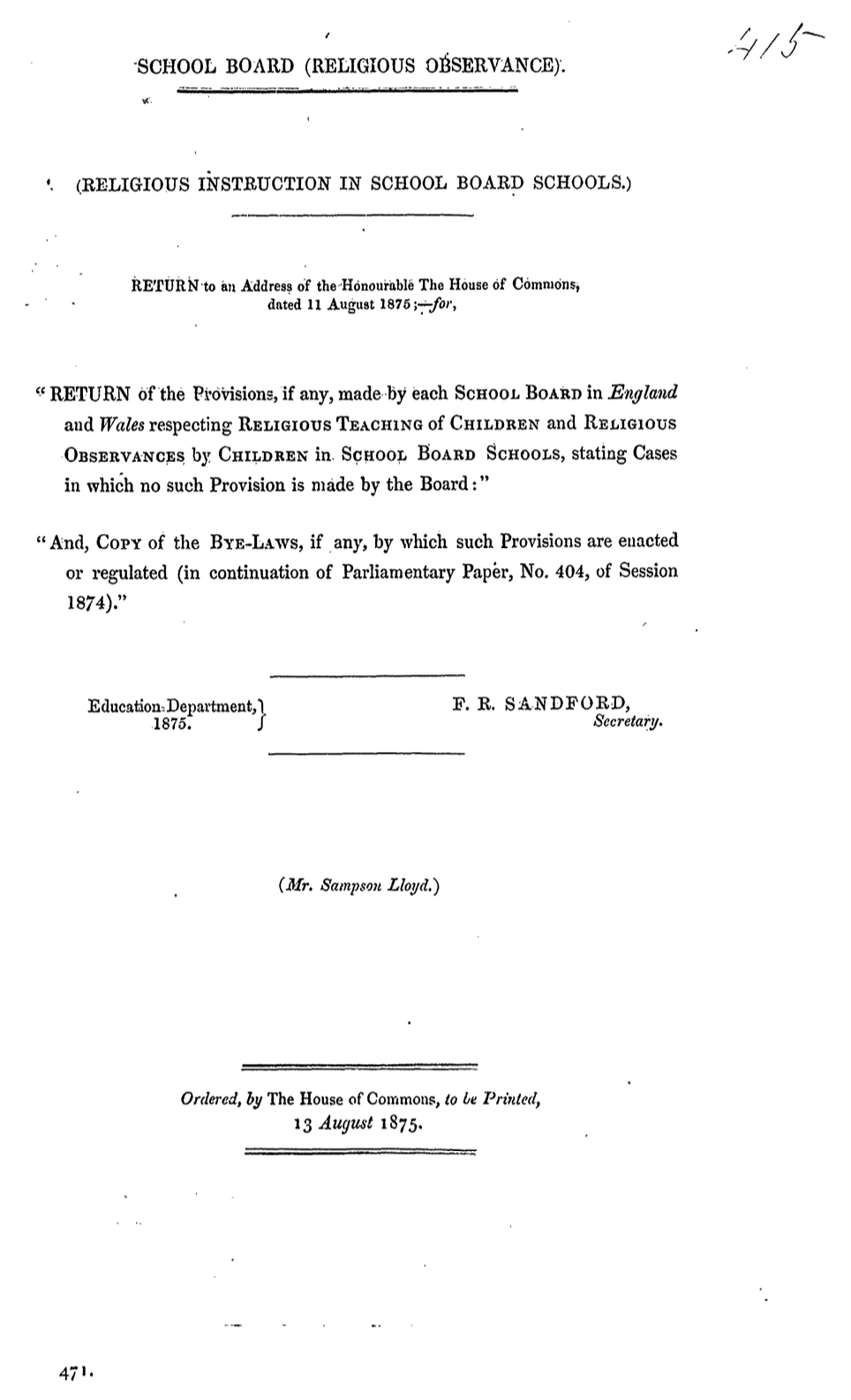 School Board (Religious Observance): Return of Provisions Respecting Religious Instruction in School Board Schools 1875