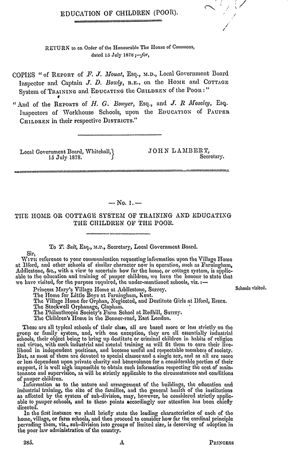 Education of Children (Poor): Reports on the Home and Cottage System and the Education of Pauper Children 1878