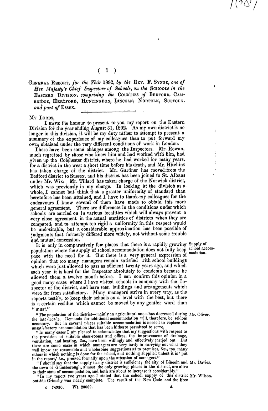 General Report for 1892 by Rev. F. Synge, Her Majesty’s Chief Inspector of Schools
