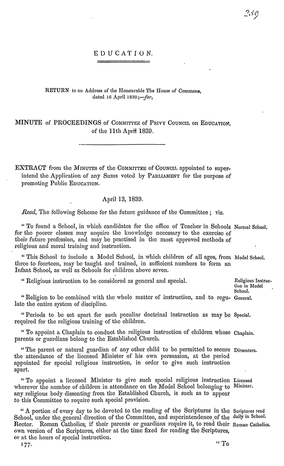 Extracts from Minutes of Proceedings of the Committee of Privy Council on Education, April 1839