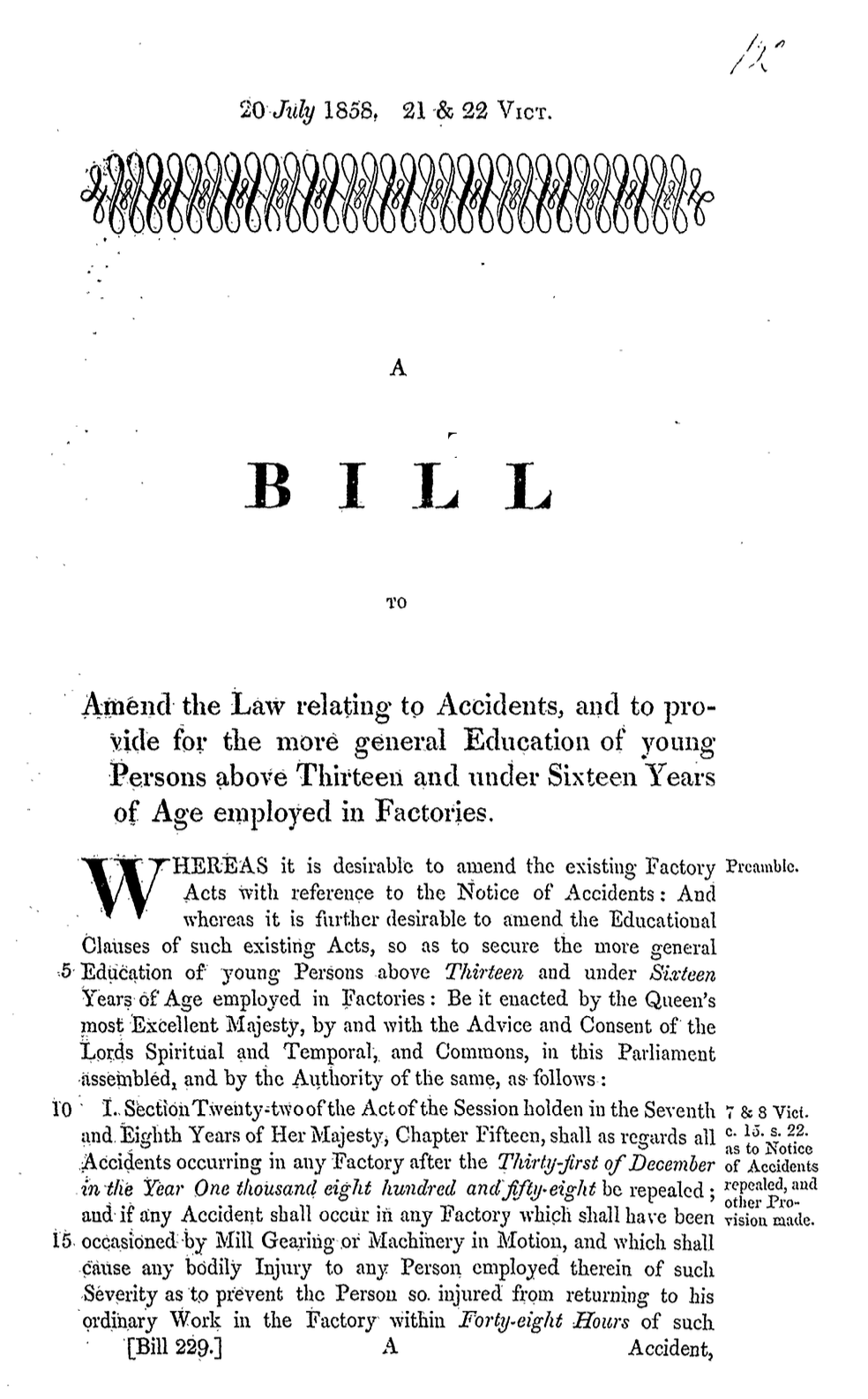 A Bill to Amend Factory Accident Law and Expand Education for Factory Workers Aged Thirteen to Fifteen, 1858
