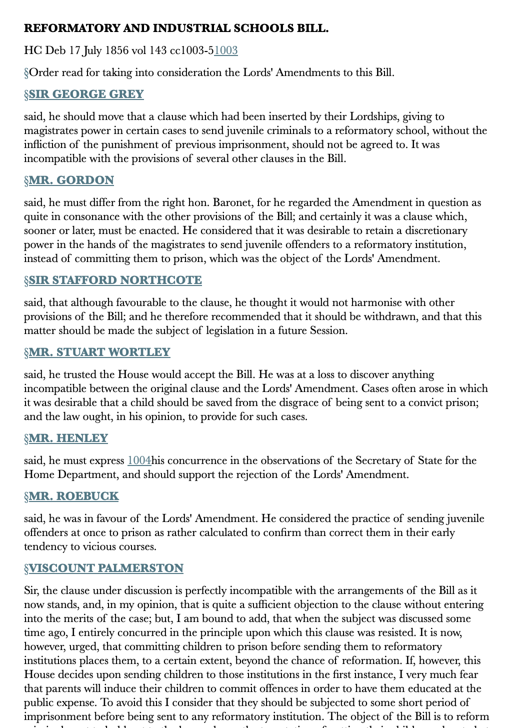 Reformatory and Industrial Schools Bill — 17 July 1856 — Commons