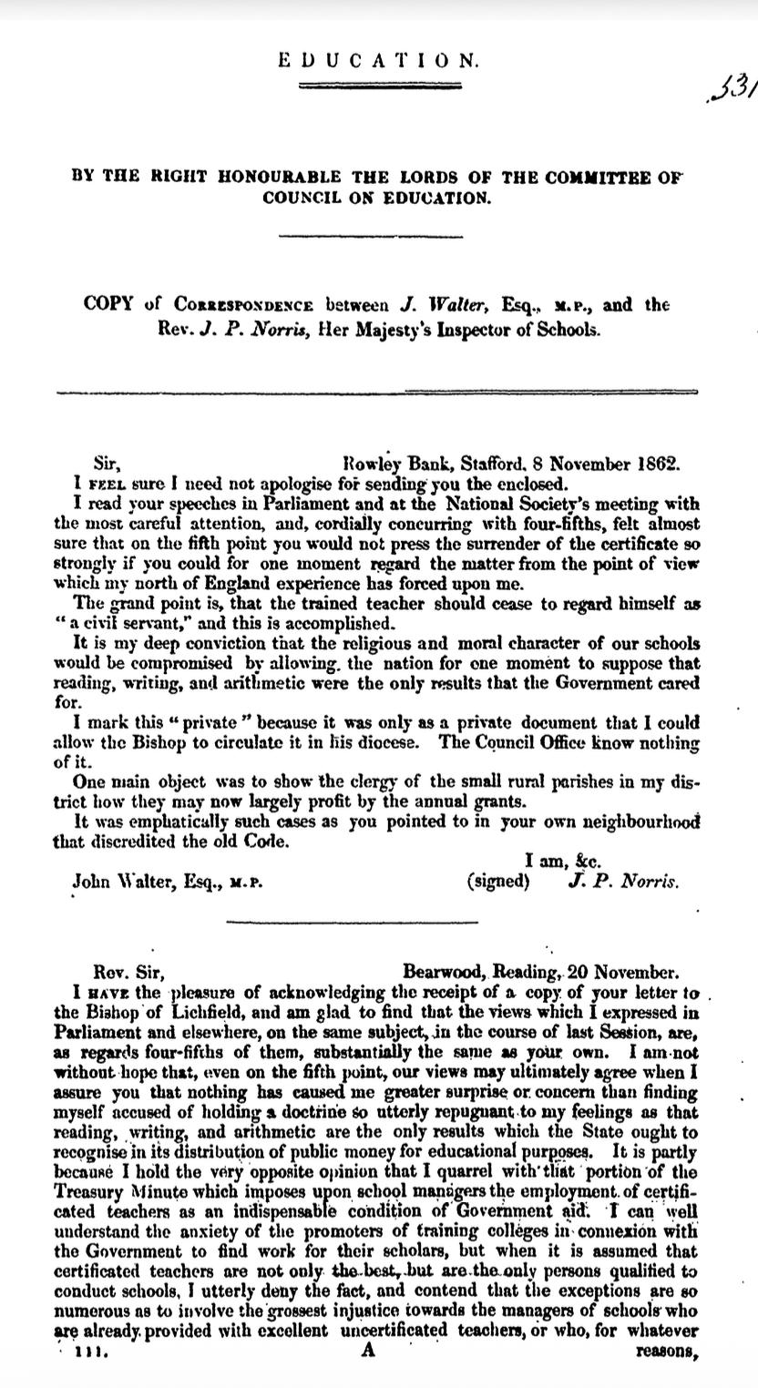 Copy of Correspondence between J. Walter, Esq., M.P., and the Rev. J. P. Norris, Her Majesty’s Inspector of Schools (1863)