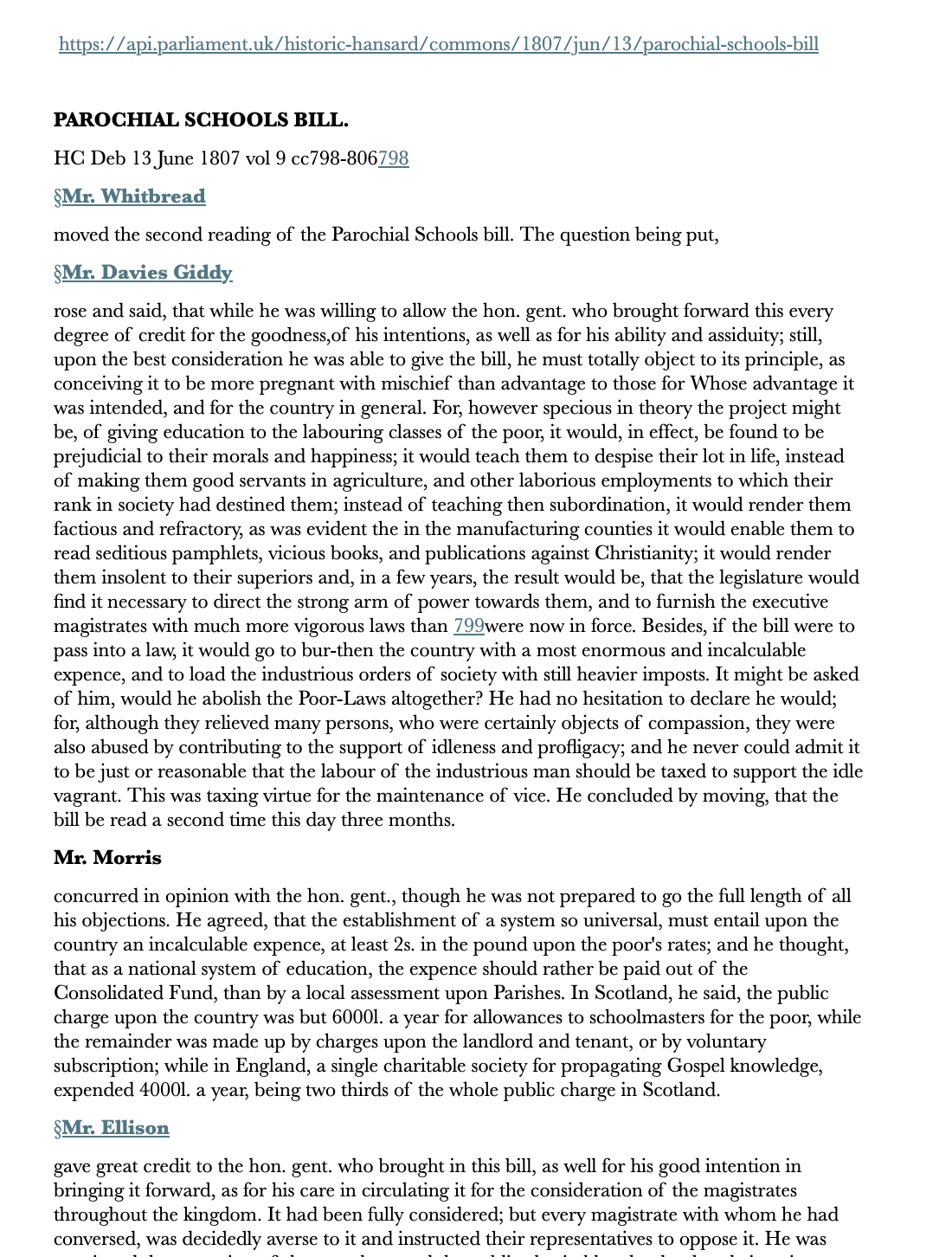 13 June 1807 — “Parochial Schools Bill” — Commons