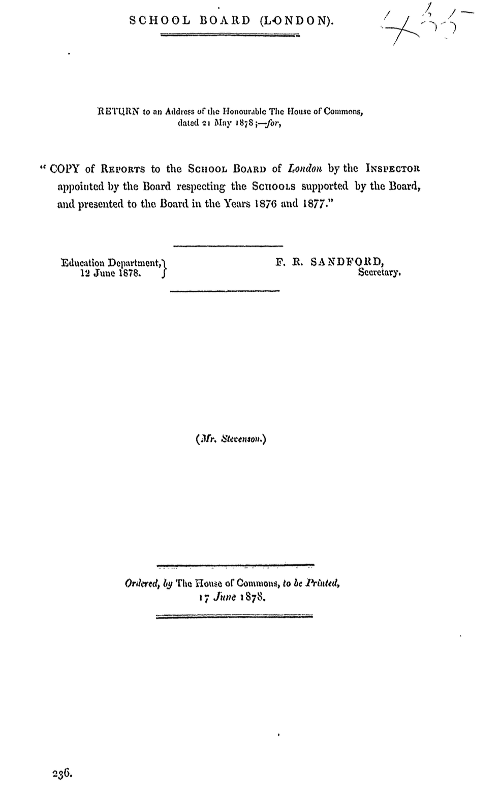 School Board (London): Inspector’s Reports on Schools Supported by the Board, 1876–77