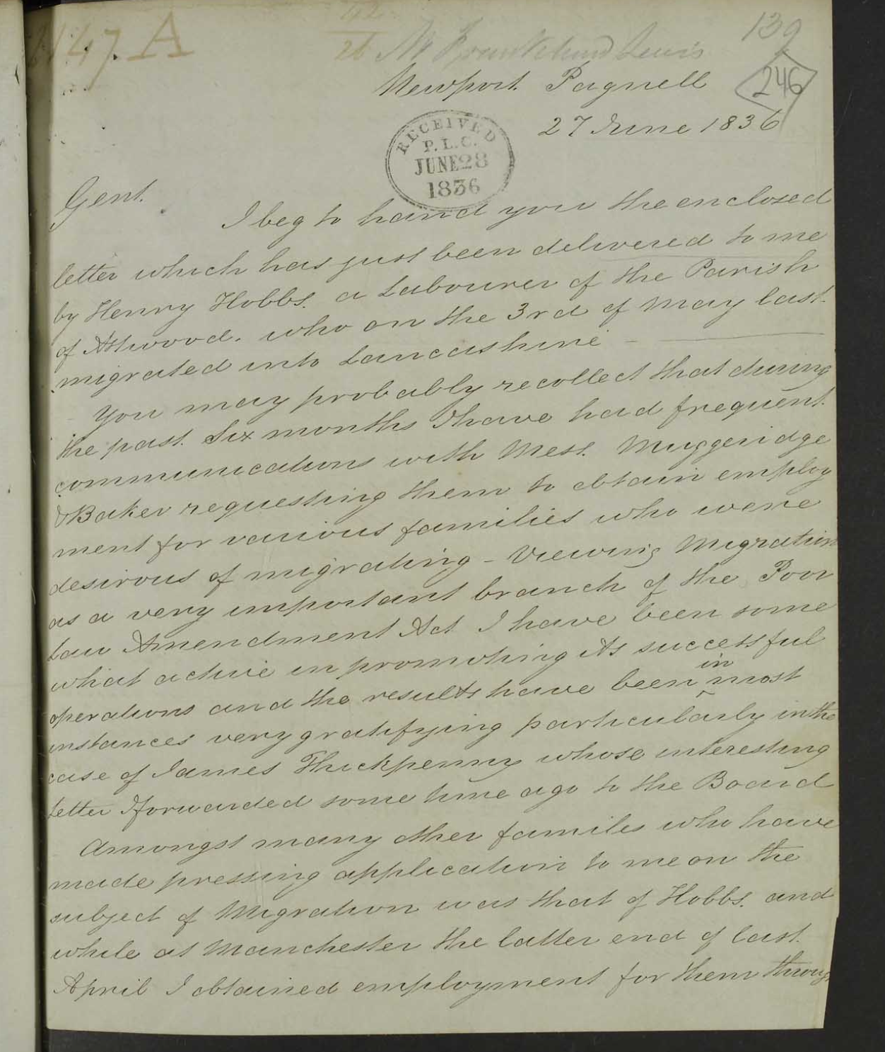 Folios 246-249. Letter from William Cripps of Newport Pagnell to the Poor Law Commission, concerning a labourer called Henry Hobbs of Astwood. (1836)