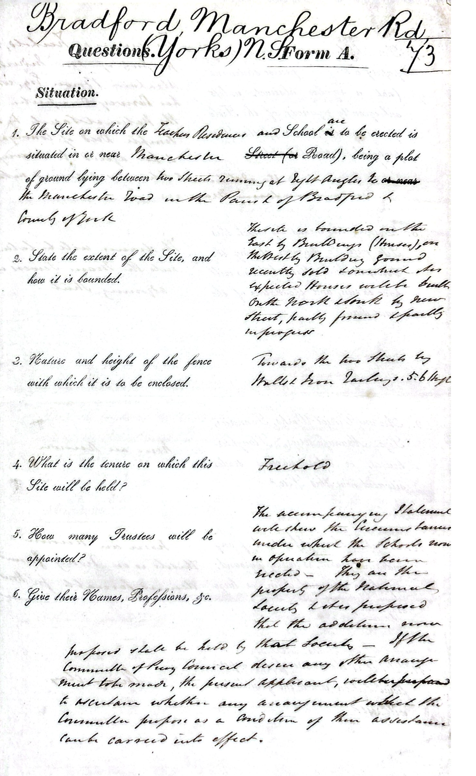 Committee of Council on Education: Questions Respecting the Proposed Erection of a School-House at Bradford, Yorkshire