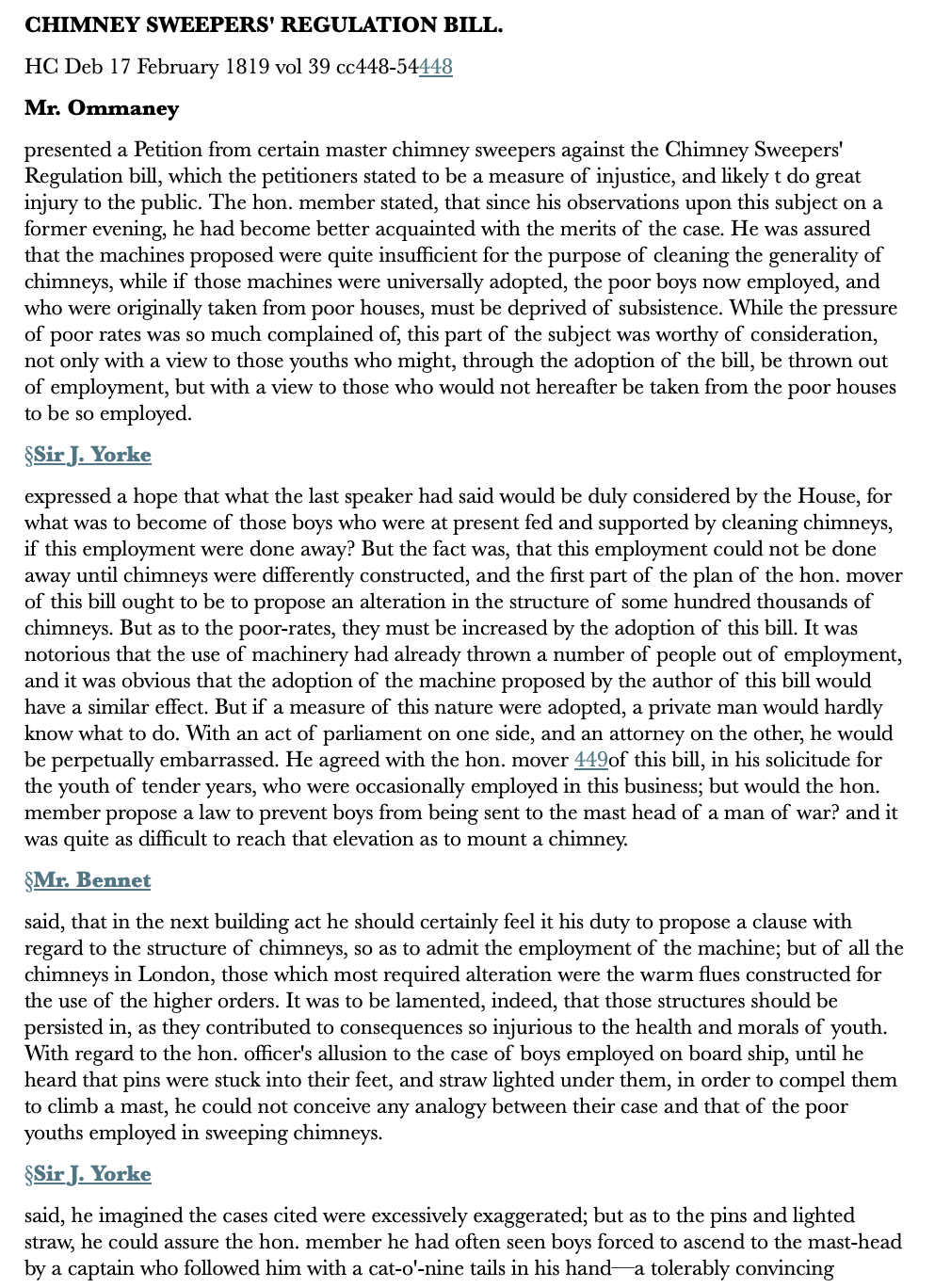 Chimney Sweepers’ Regulation Bill — 17 February 1819 — Commons
