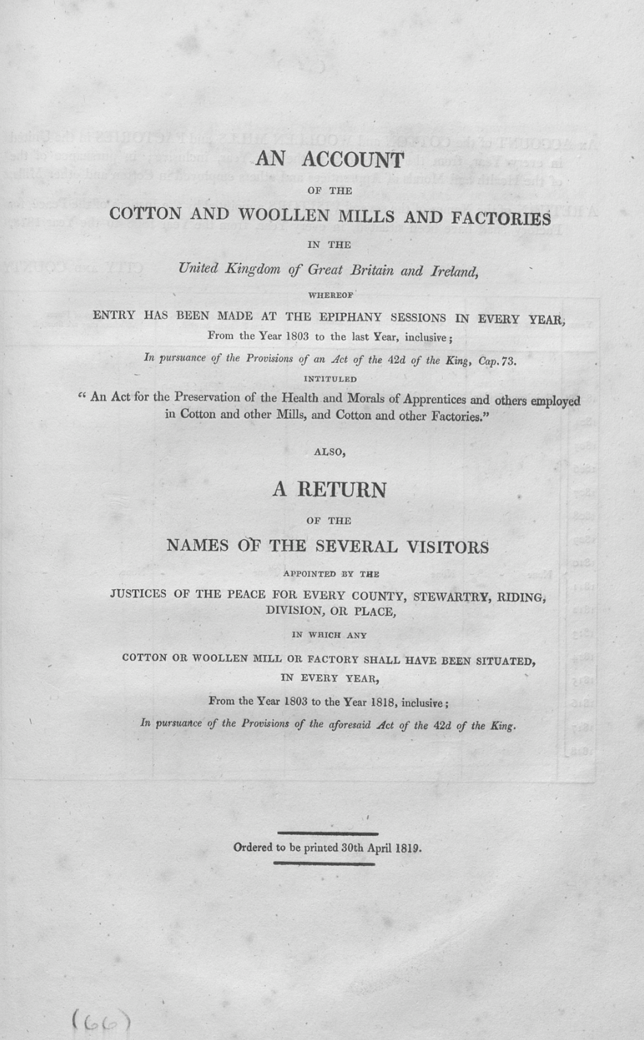 An Account of Cotton and Woollen Mills and Factories in the United Kingdom, with Returns of Visitors, 1803–1818