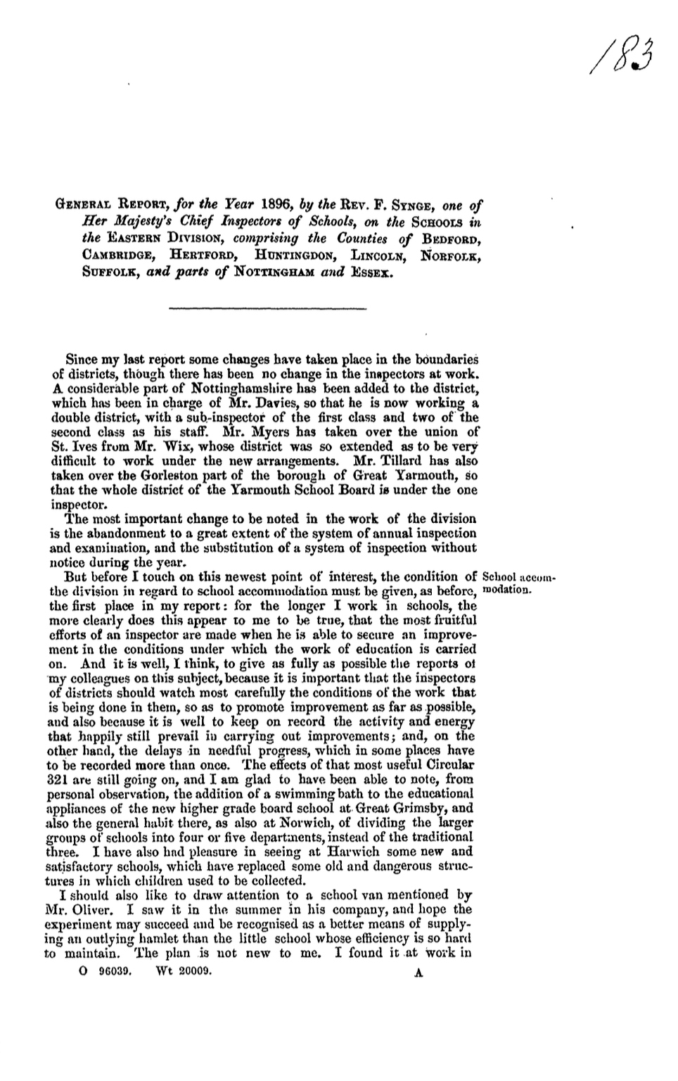 General Report for 1896 by Rev. F. Synge, Her Majesty’s Chief Inspector of Schools (Eastern Division)
