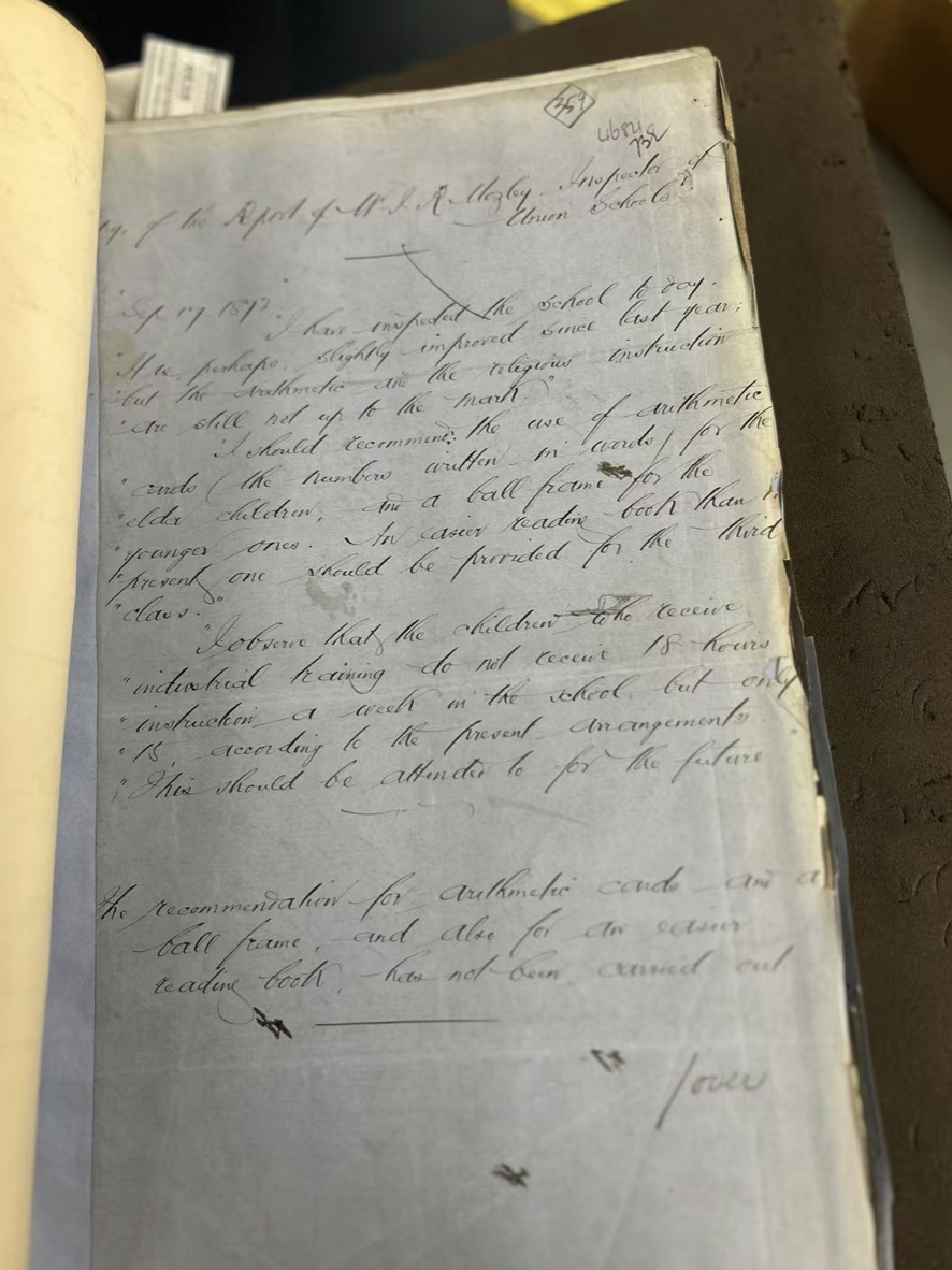 Folios 359-360. Copy of report by Mr J R Mozley, Inspector of Union Schools on his visit to Southwell workhouse. (1872)