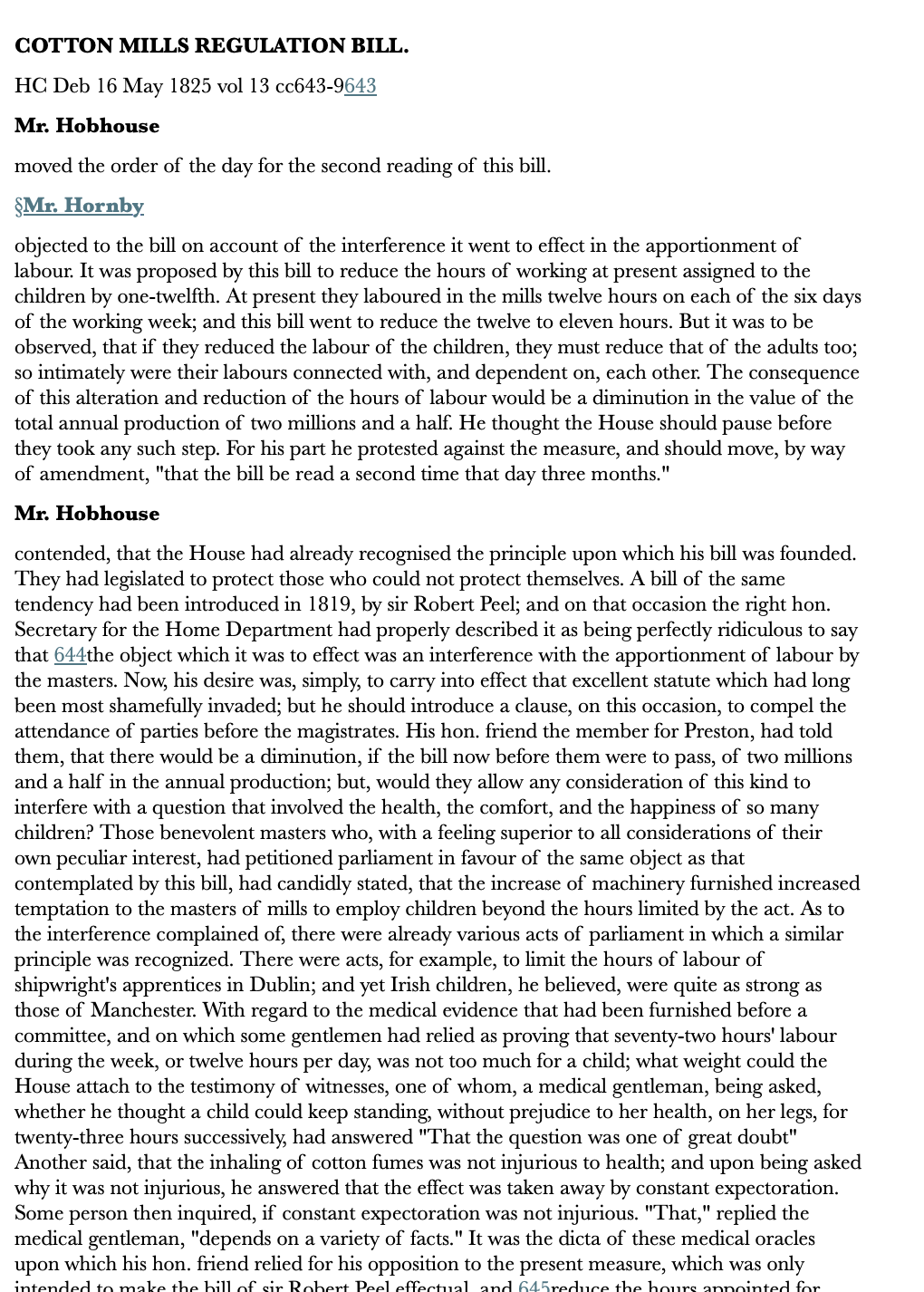 Cotton Mills Regulation Bill — 16 May 1825 — Commons
