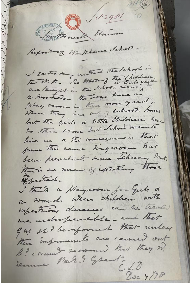 Folio 606. Report from C L Dashwood to the Local Government Board reporting on the workhouse school. (1878)