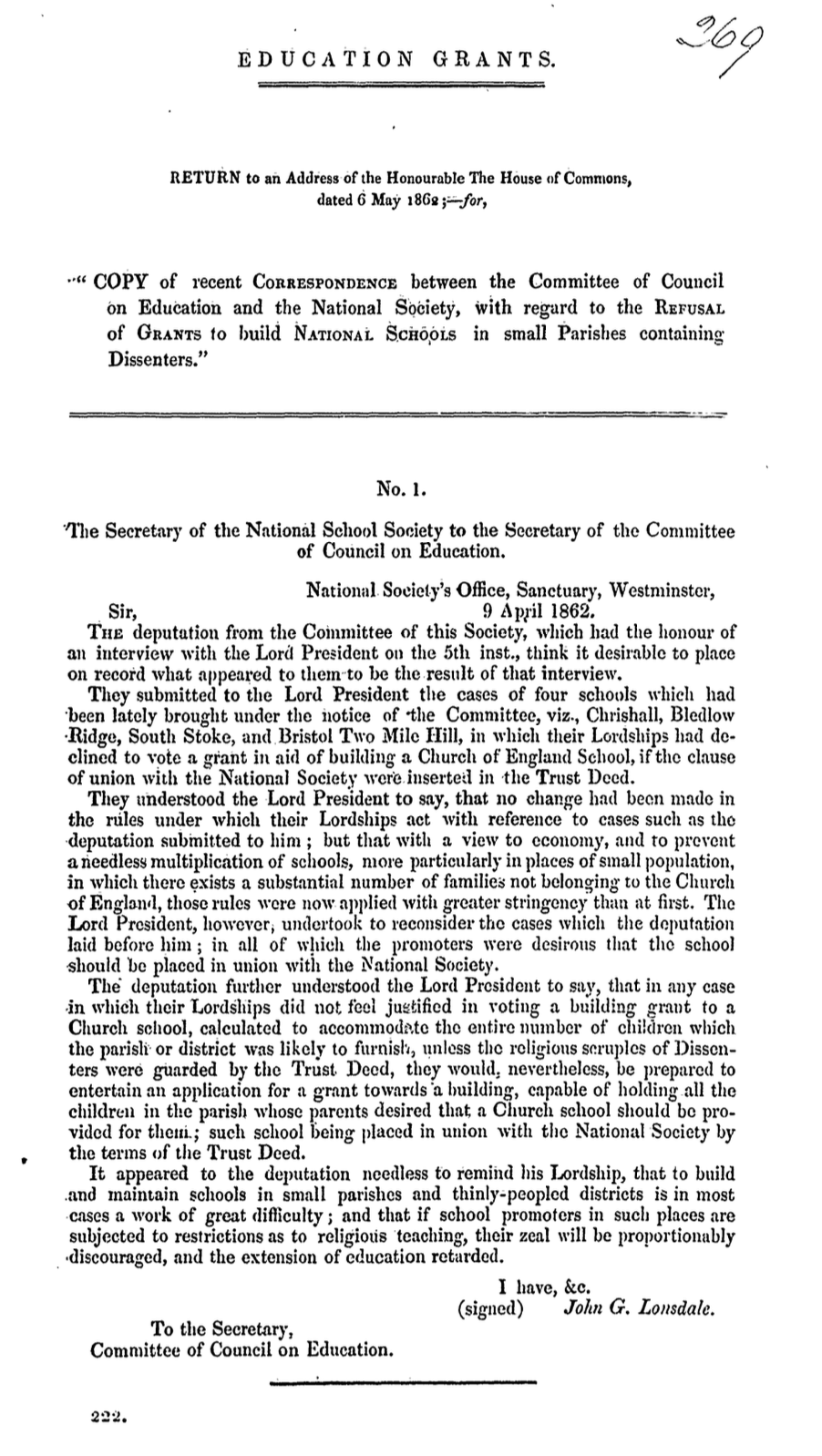 Copy of the Recent Correspondence between the Committee of Council on Education and the National Society, with Regard to the Refusal of Grants, 1862
