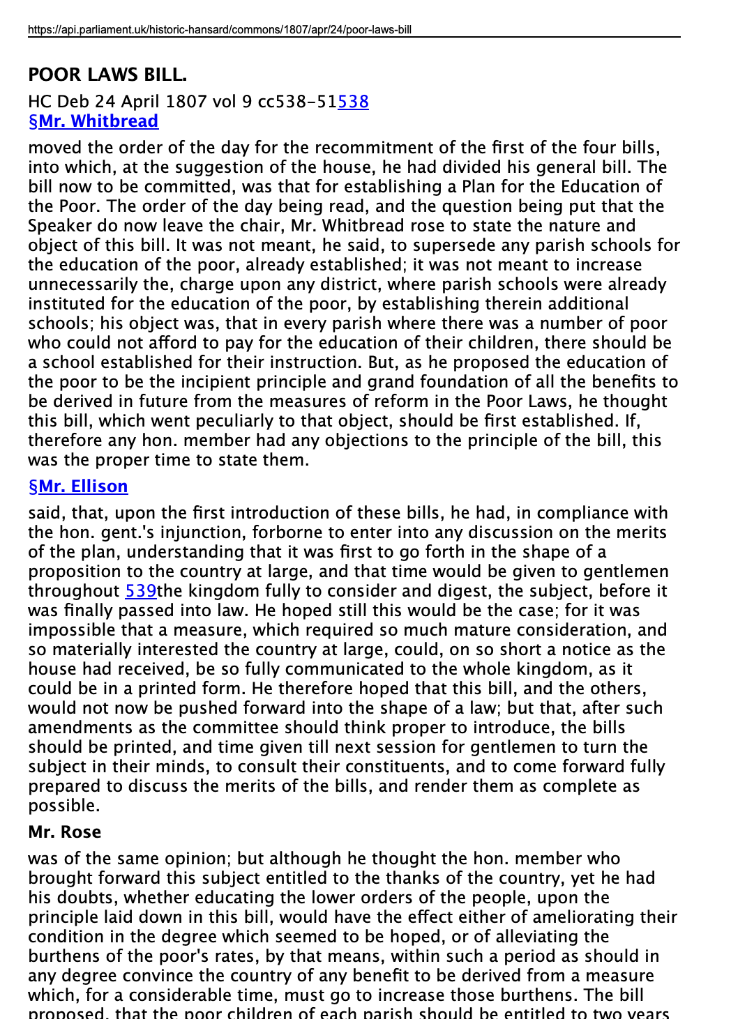 24 April 1807 — “Poor Laws Bill” — Commons