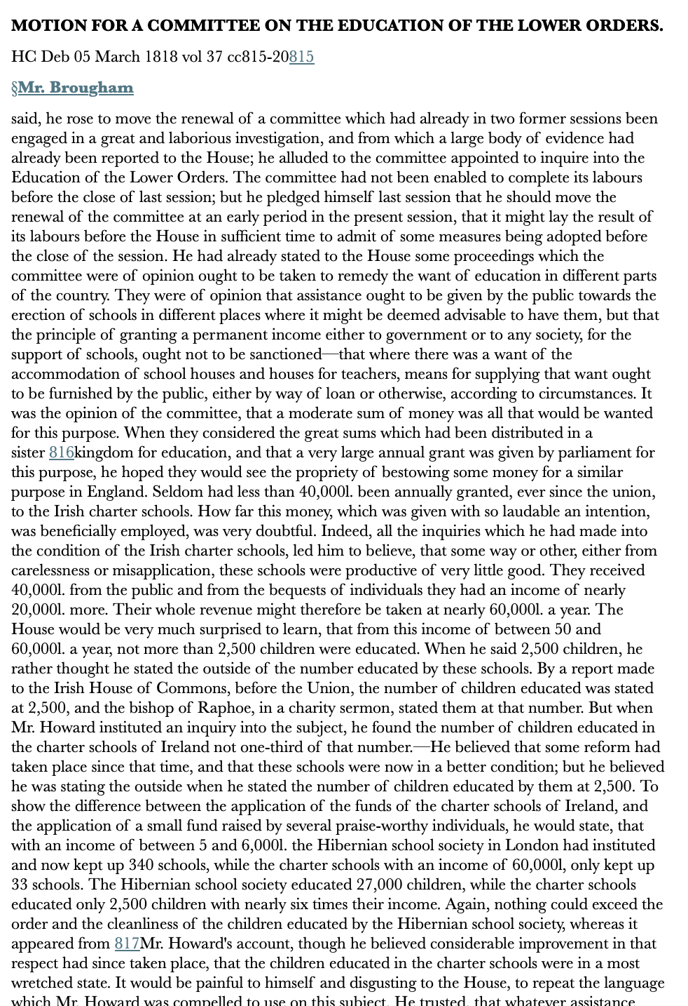 Motion for a Committee on the Education of the Lower Orders — 5 March 1818 — Commons