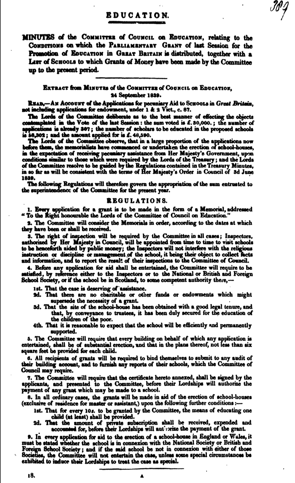 Committee of Council on Education: Minutes on the Distribution of the Parliamentary Grant for Promoting Education in Great Britain, with a List of Schools Receiving Grants, 1840