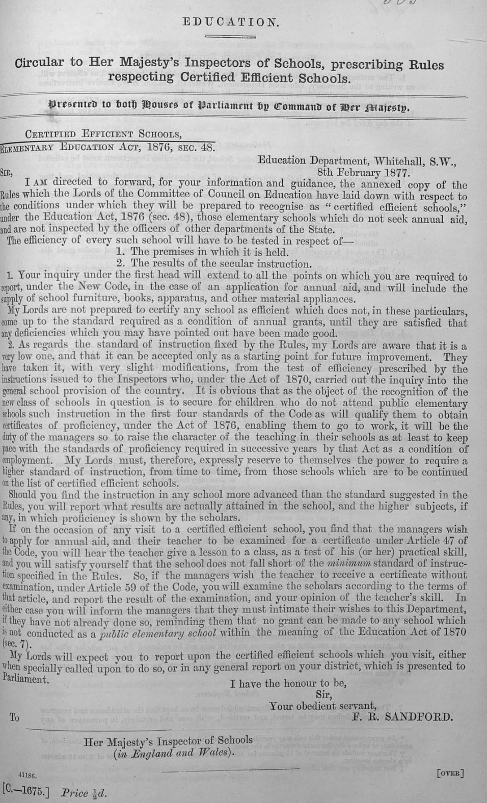 Education Department Circular to Her Majesty’s Inspectors of Schools Prescribing Rules for Certified Efficient Schools, 1877