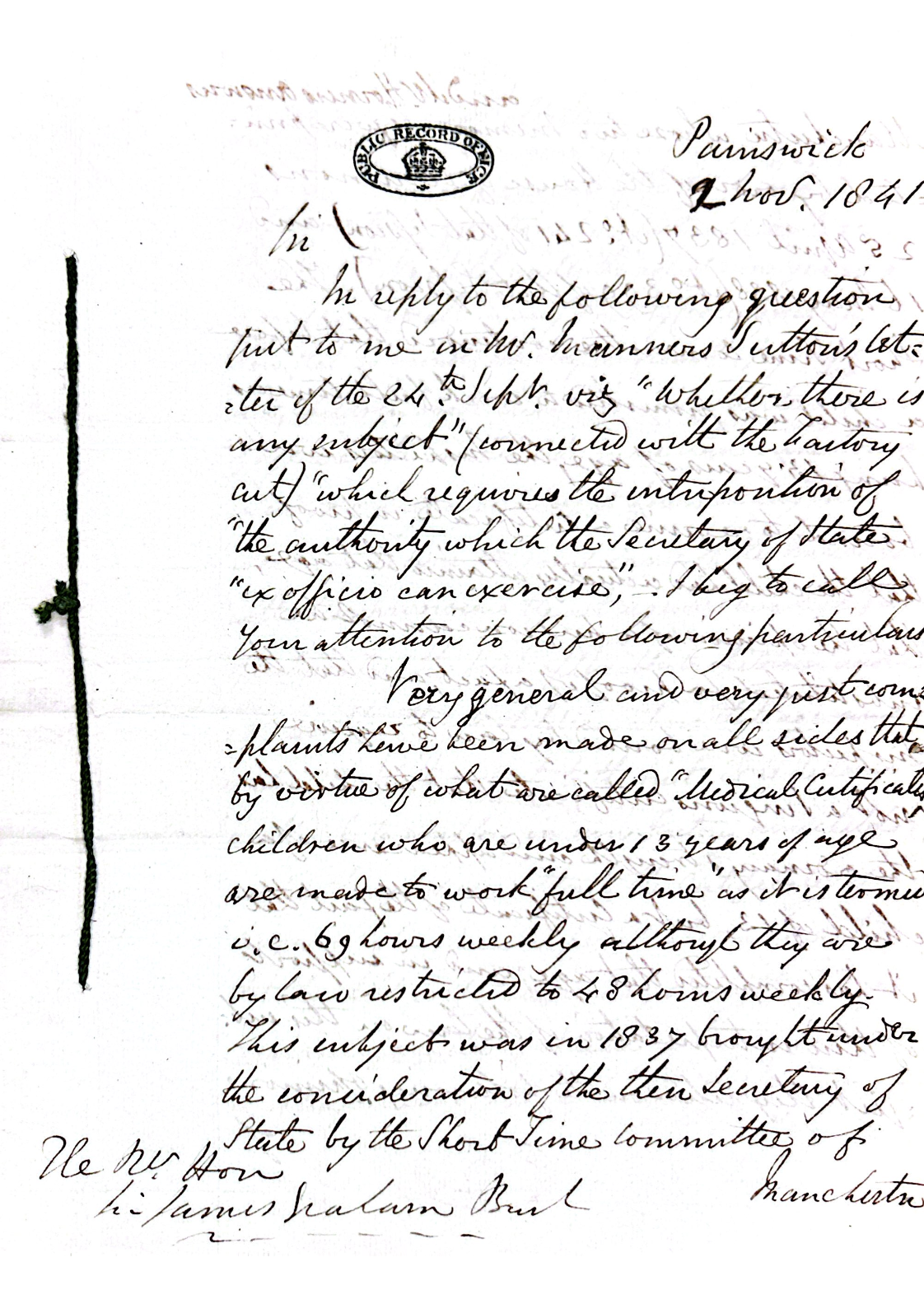 FACTORIES: Letter concerning the hours worked by children under 13 years old. (1841)