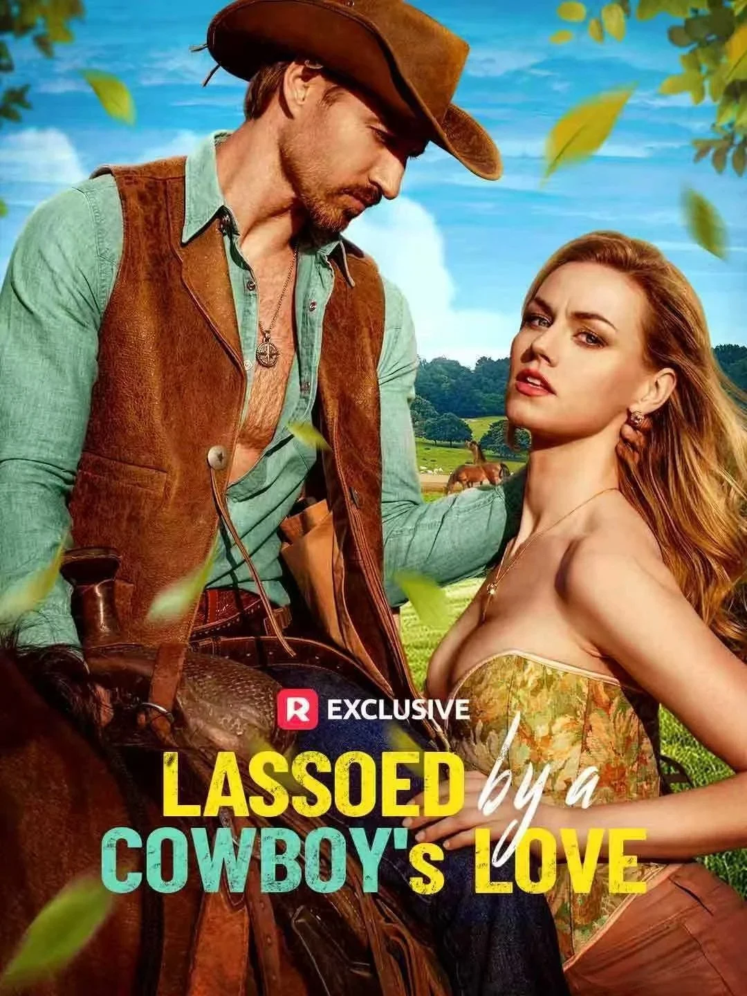 A man in cowboy attire and a woman in a strapless dress standing in a grassy field with trees and horses in the background.