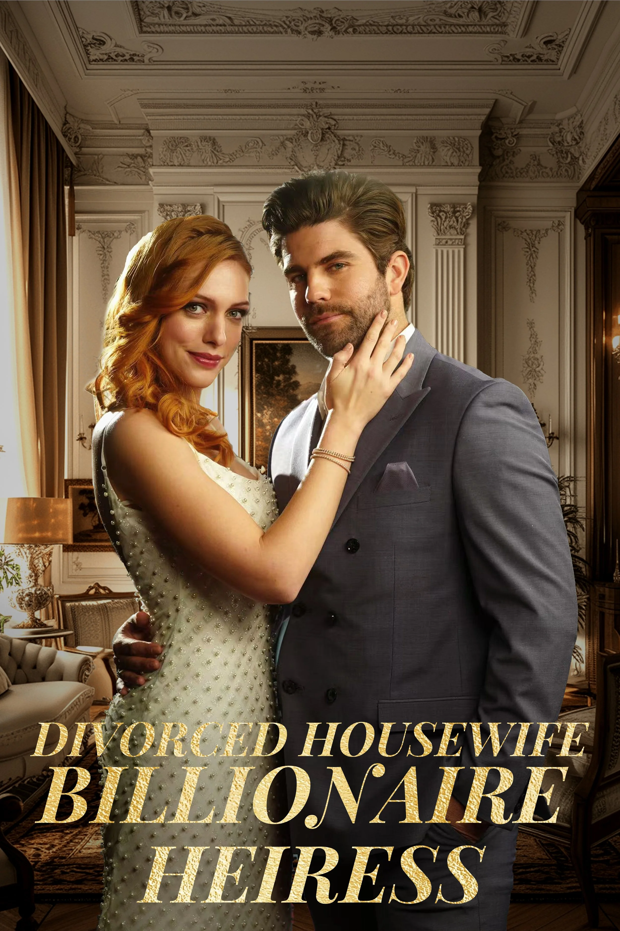 A man and woman dressed elegantly, standing close together in a lavishly decorated room with ornate walls and furniture. The woman has red hair and wears a white dress with pearl embellishments, while the man has brown hair and wears a gray suit. The