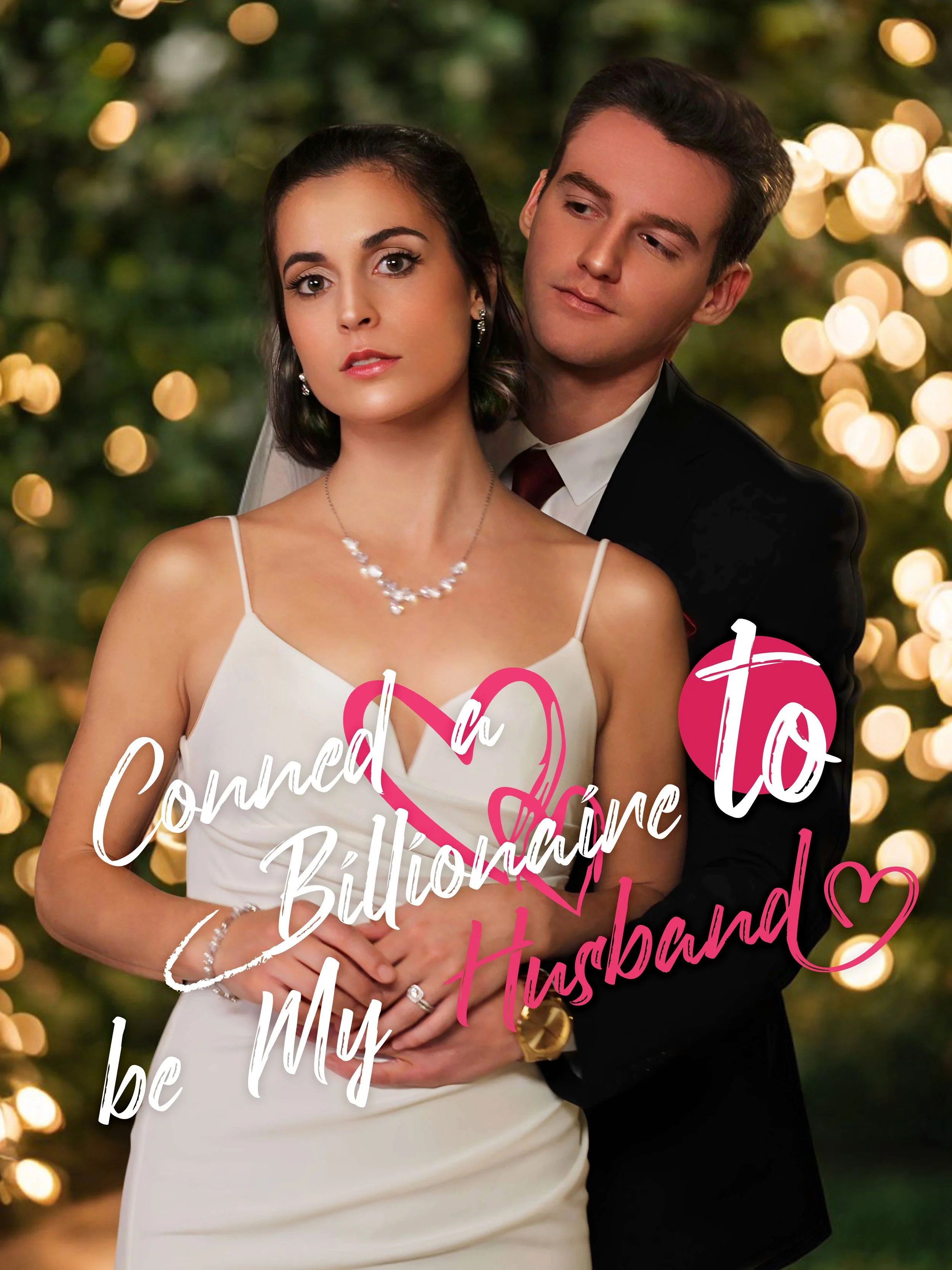 A bride and groom in formal wedding attire standing close together, with the groom gently holding the bride's hand, in front of a backdrop of glowing fairy lights.