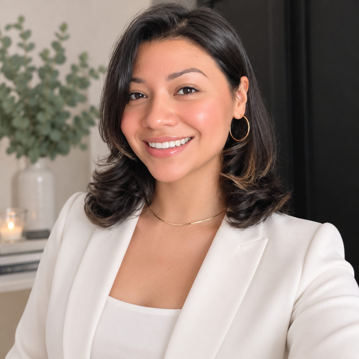 A woman with shoulder-length dark hair smiling, wearing a white blazer and gold jewelry, with a blurred indoor background including a plant and candles.