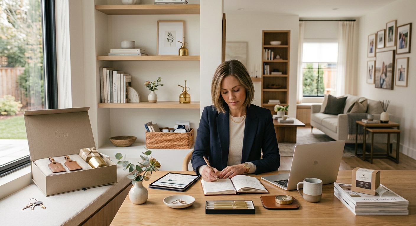 Woman working at a wooden dining table with a laptop, notebook, and various decor items in a bright, airy living space.
