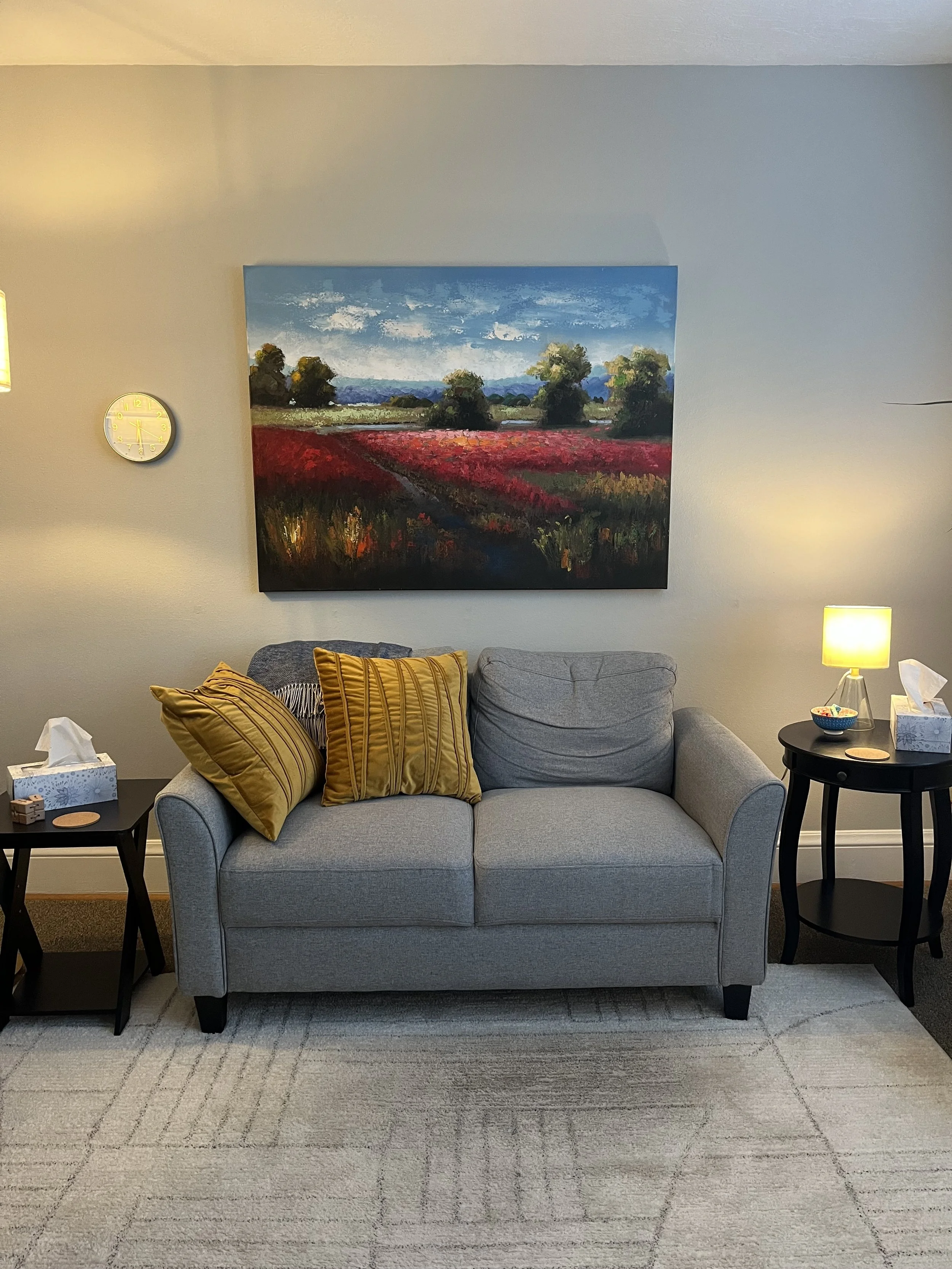 A trauma therapy office in Newberg, Oregon featuring soft colors and warm lighting.