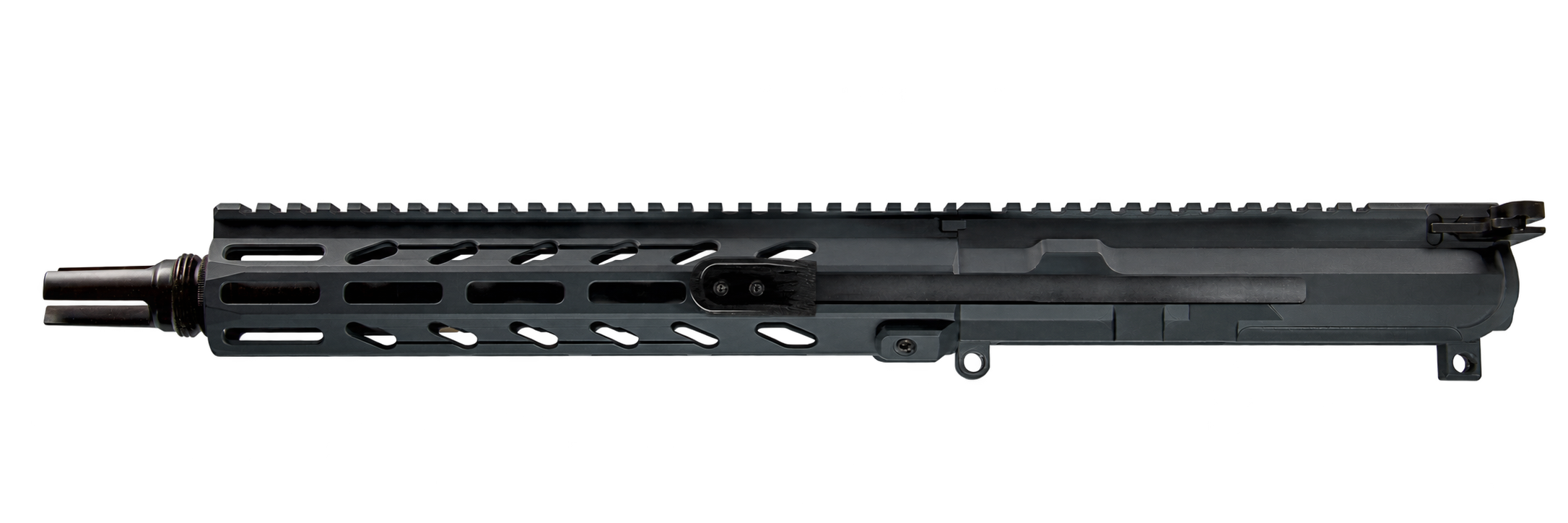Close-up of a black rifle upper receiver with a rail system and barrel.