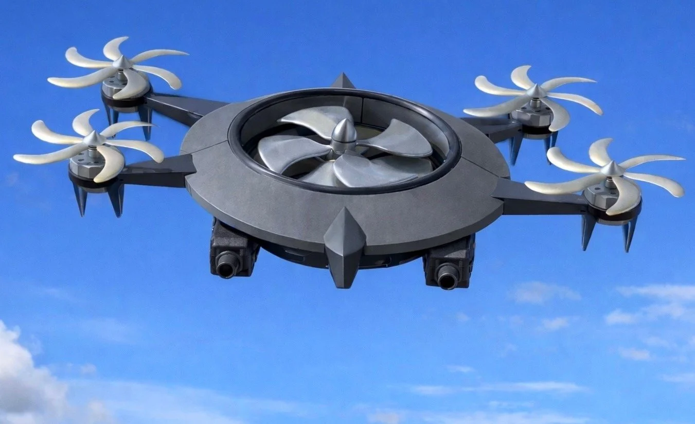 A black quadcopter drone with four white propellers flying in a blue sky.