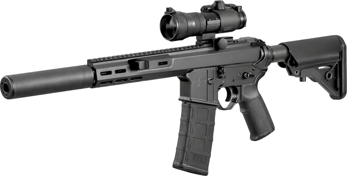 A black tactical rifle with a suppressor, scope, adjustable stock, and a textured magazine.