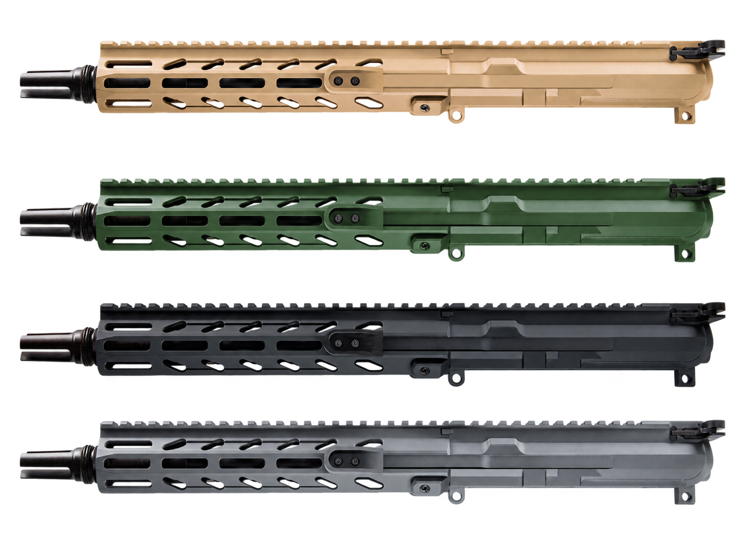 Four rifle upper receivers displayed horizontally in different colors: tan, green, black, and gray. Each has a threaded barrel and a rail system.