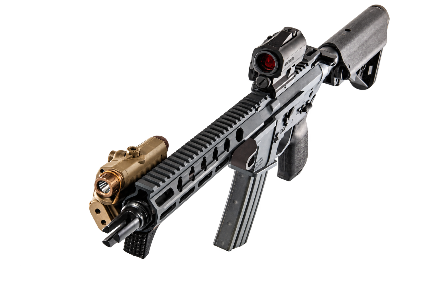 A modern tactical rifle with a black and tan color scheme, equipped with a red dot sight, a tan foregrip, and a magazine, isolated on a black background.