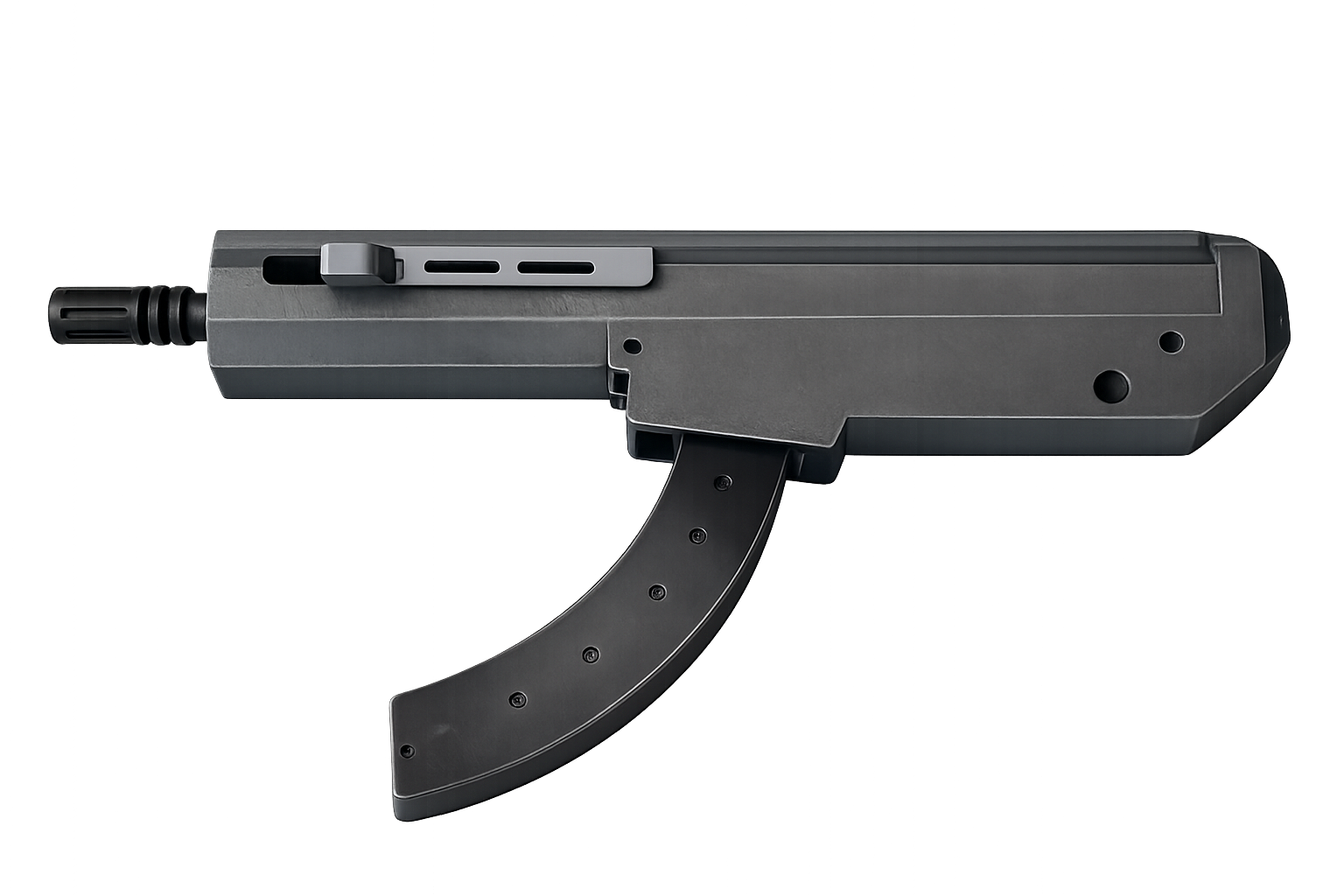 A black firearm with a curved magazine and a suppressor attached to the barrel, shown in a side view against a black background.