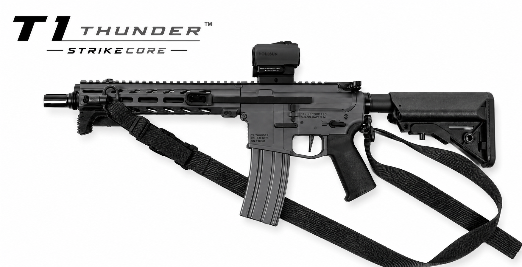 A black tactical rifle with a scope, a vertical grip, and a detachable magazine.