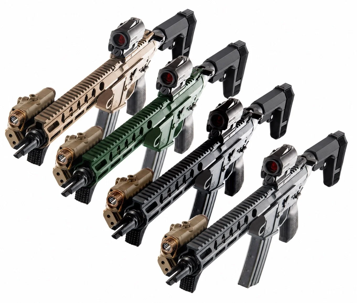 Three tactical rifles with black, tan, and green color schemes, equipped with scopes and attachments, arranged in a row.