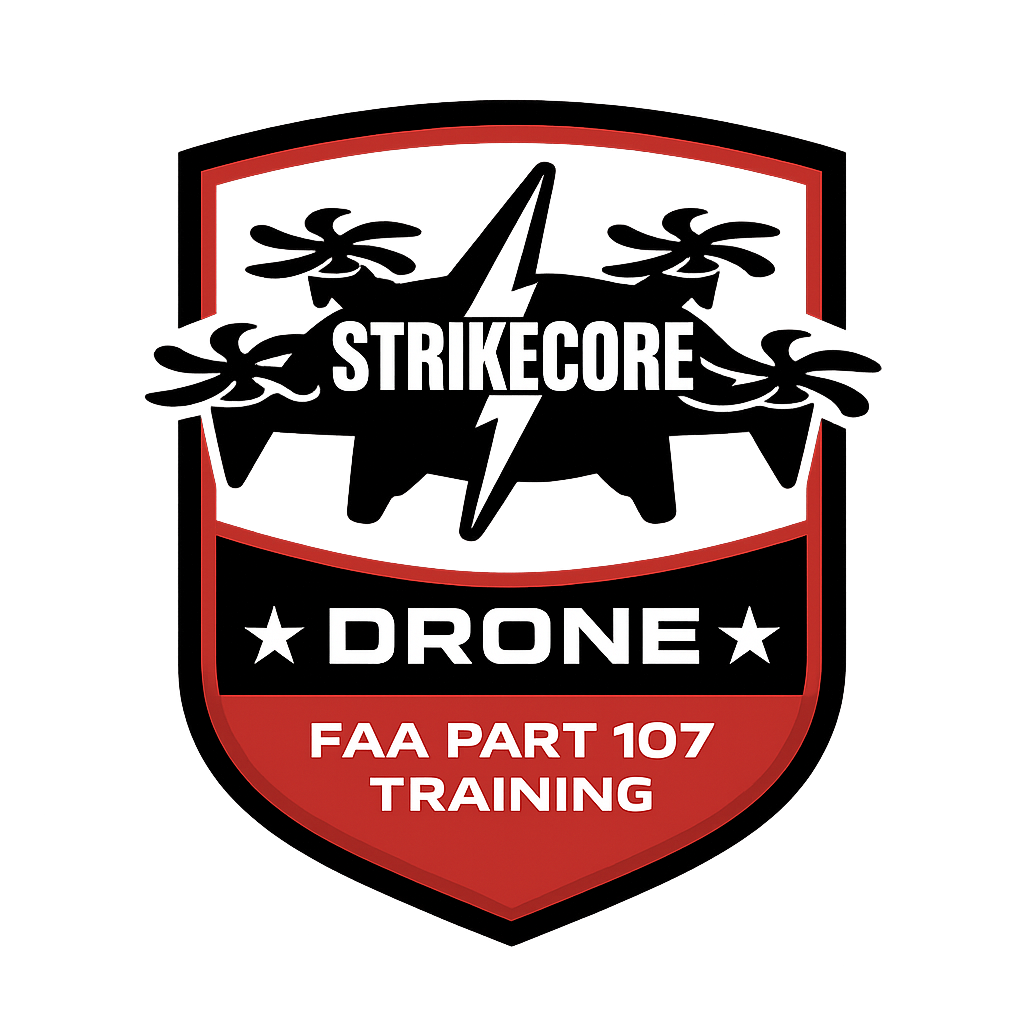 A badge or emblem with a black drone and a lightning bolt in the background, with the text 'STRIKECORE' on the drone, and 'DRONE FAA PART 107 TRAINING' on a red shield.