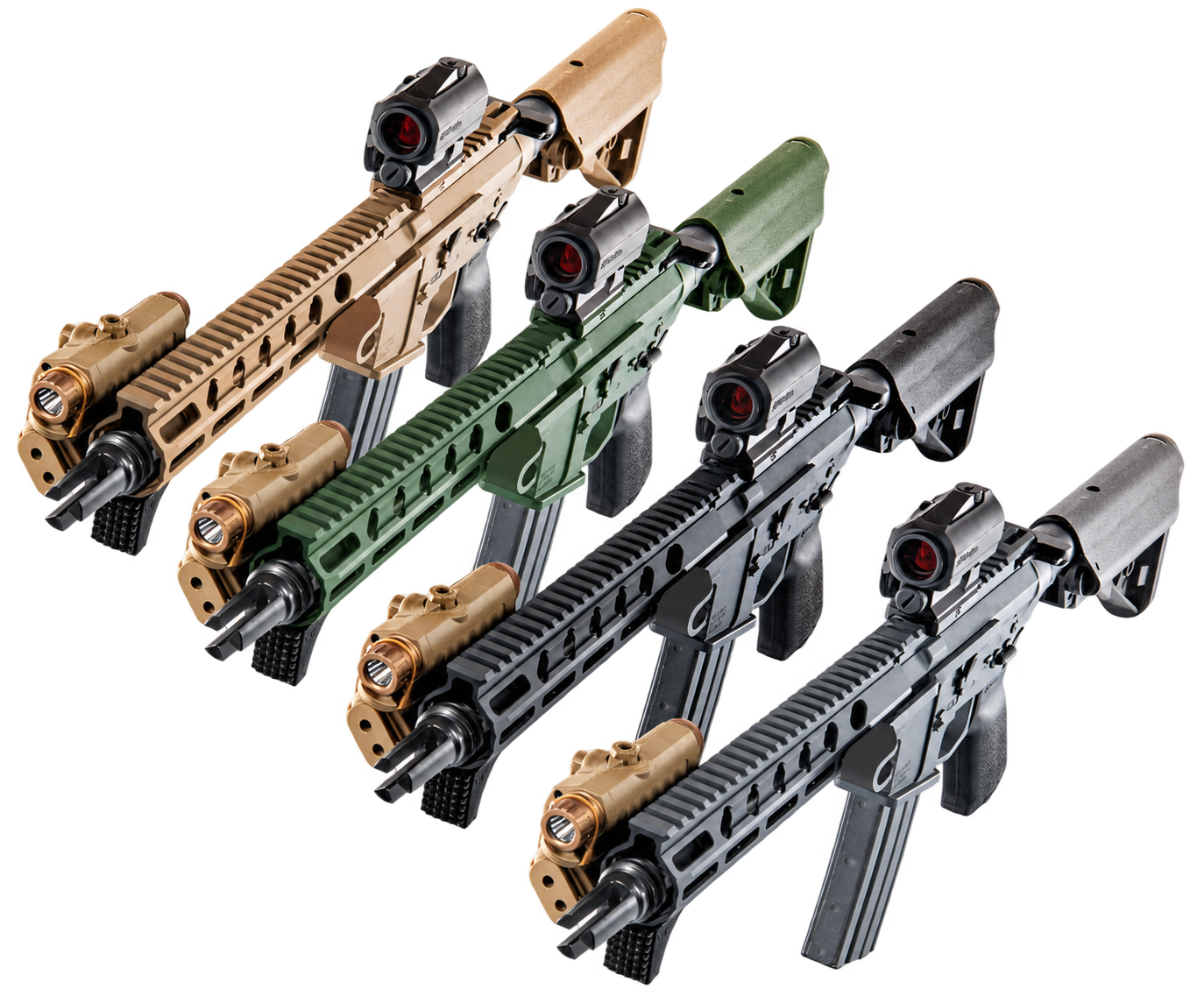 Four tactical rifles with different colored bodies - tan, green, black, and gray - are arranged in a row, each equipped with a scope and a silencer.